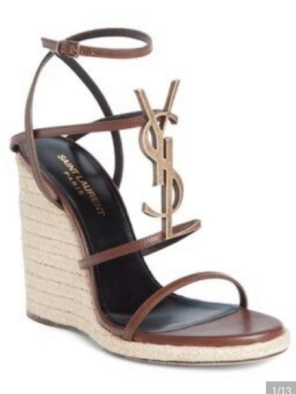 Saint Laurent Brown Leather YSL Logo Espadrille Wedge Sandals